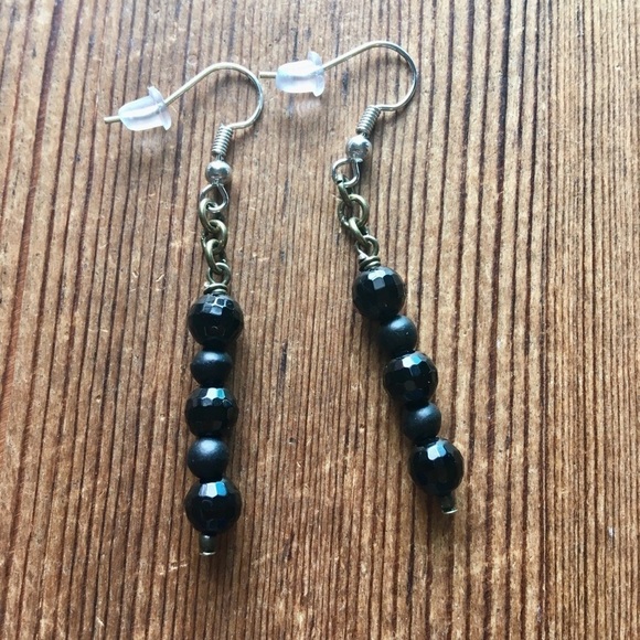 Ladies Long Beaded Dangle Earrings, Handmade Ladies Earrings/Black - Picture 3 of 3